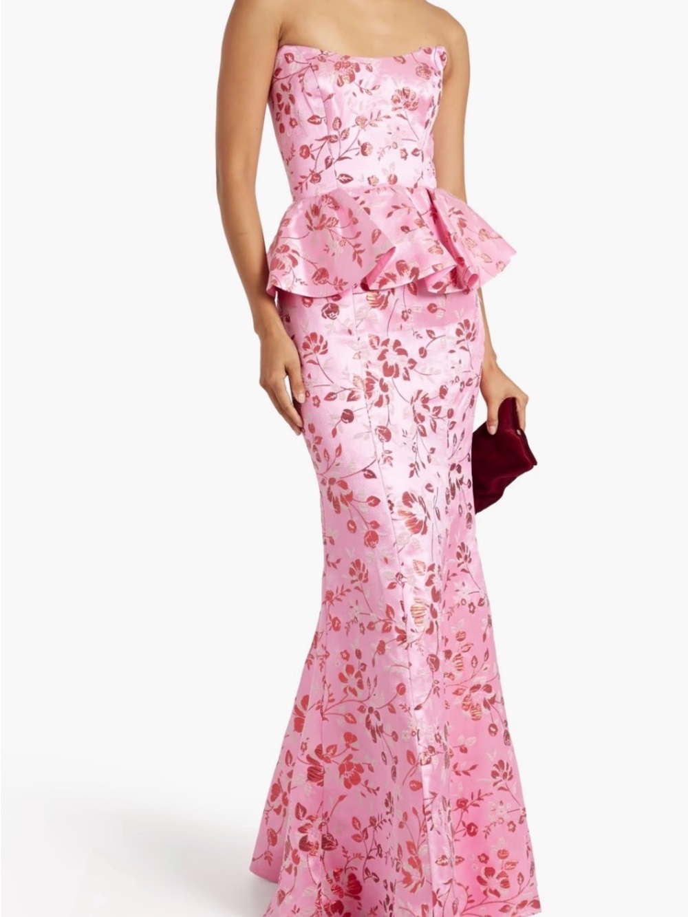 Marchesa Notte Strapless Metallic Brocade Peplum Gown